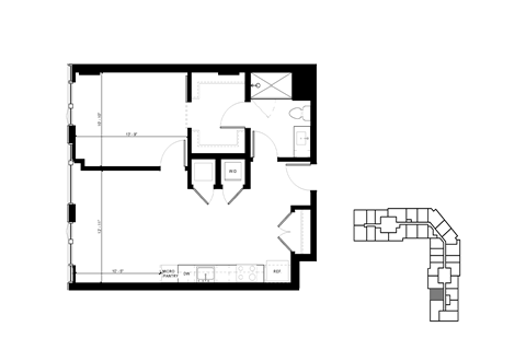 Floor plan for 1 bed, 1 bath, 681 sqft